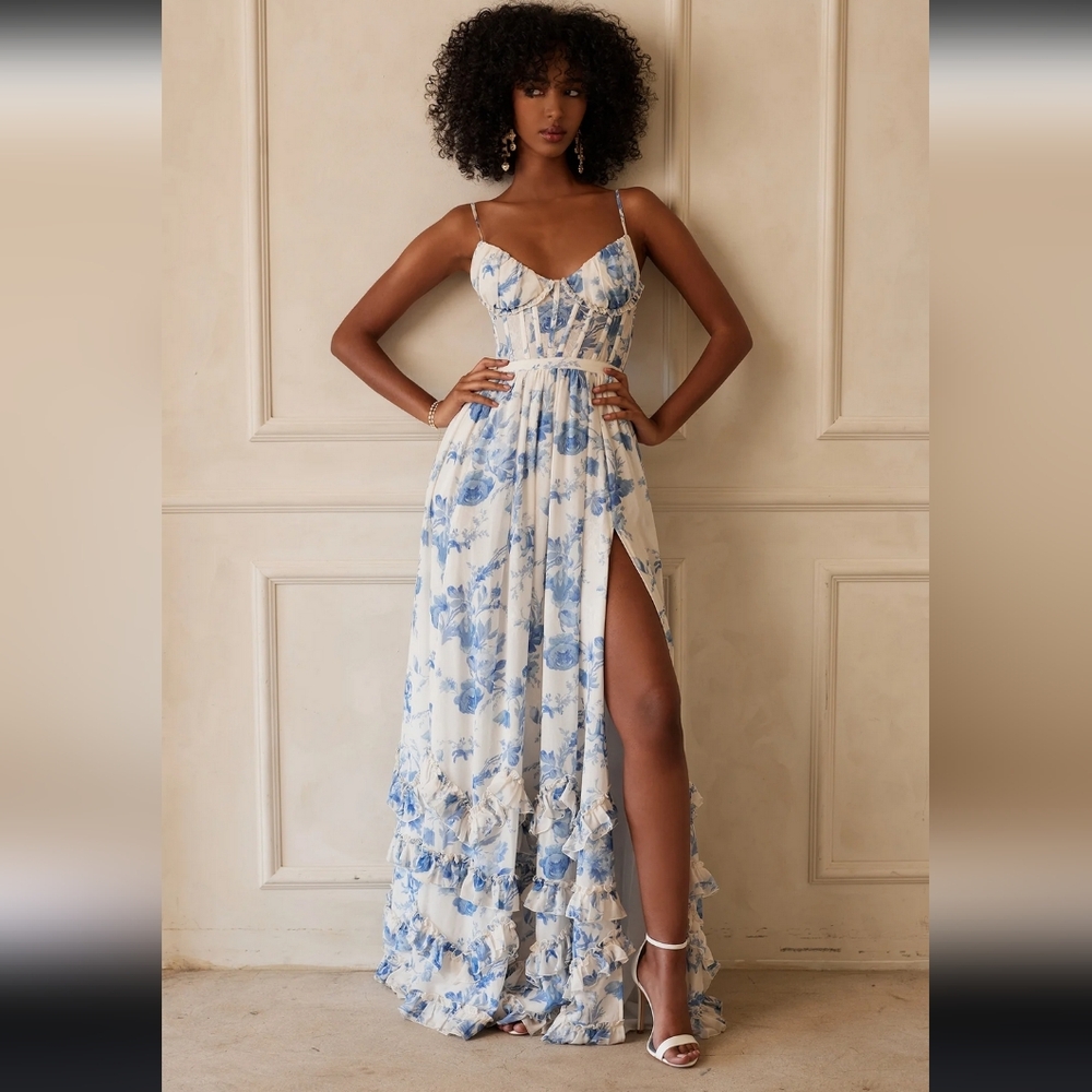V. Chapman The Carmen Dress, Lace-up Ruffle Corset Blue Floral Dress Size US 10